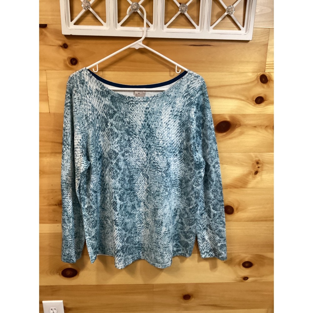 Chico's Women Blue Snakeskin Print Long Sleeve Boat Neck Top Size 2 L